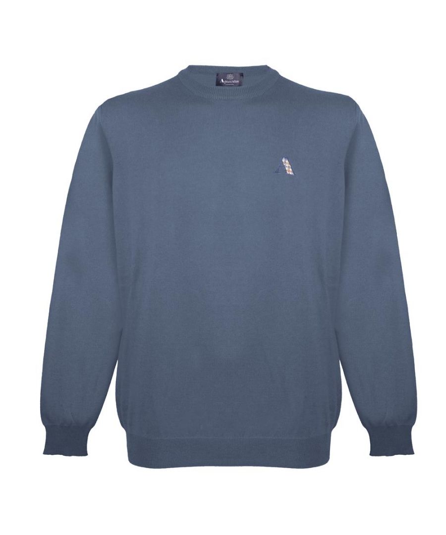 Aquascutum Check A Logo Steel Blue Jumper. Aquascutum Check Logo Blue Knitwear Sweater. 85% Cotton, 15% Wool. Branded A In Classic Check On Left Chest. Regular Fit, Fits True To Size. 684260 01