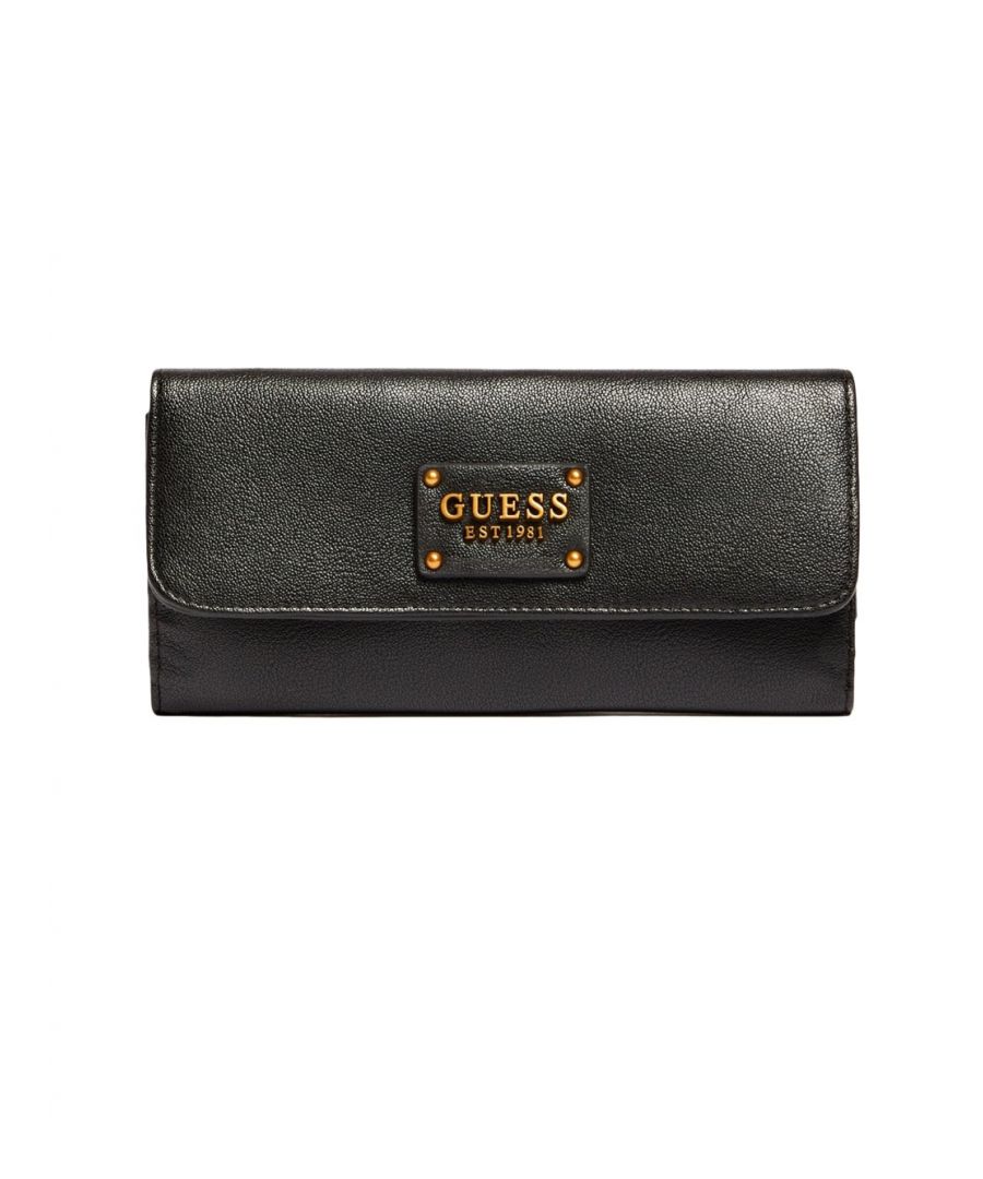 Portemonnee Guess Goud logo Dames Zwart Kunststof. Authentieke citybagage van het merk Guess - streetwear/sportwear design van Guess - Guess for Women fashion, perfect voor dagelijks gebruik - Zwarte Guess portemonnee past perfect bij de rest van je kleedkamer - comfortabel synthetisch materiaal - klassiek - Goud logo -