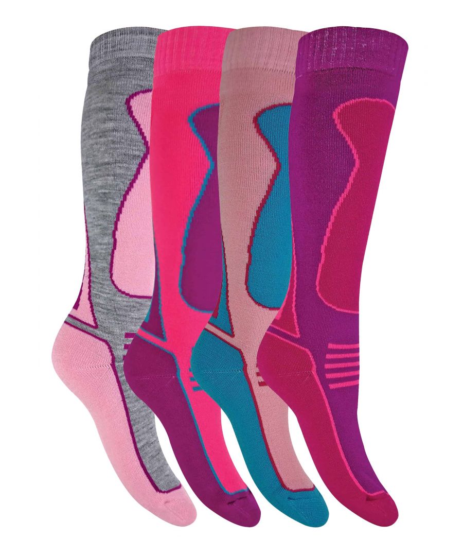 Performance Ski Socks  When you’re off skiing this season, you want yourself and your children to have the proper gear. That’s why these socks are a perfect choice if you want yourself and your kids to be protected and warm.  These wool blend socks have 30% Wool content to keep toes warm and toasty while out on the hills. You know that you are providing the warmth needed, as these socks have an extra warm 2.0 TOG rating; the higher the tog, the warmer the garment keeps you. They also have high-performance shin protection and full cushioning on the sole and heel of the socks.  These socks are available in packs of 4 pairs, with a choice of 4 colour packs, with two choices for kids and one pack each for mens and ladies They are available in 4 sizes, 9-12 UK and 12-3 UK for children, 6-11 uk for men and 4-7 uk for ladies. They are machine washable.  Extra Product Details  - 4 pairs - 4 colour choices - 4 sizes - Wool Blend - 2.0 TOG - Full Cushion - Knee High - Machine Washable