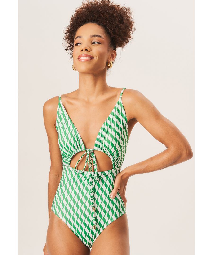 Gini London Womens Green Wave Print Tie Front Swimsuit - Size 10 UK