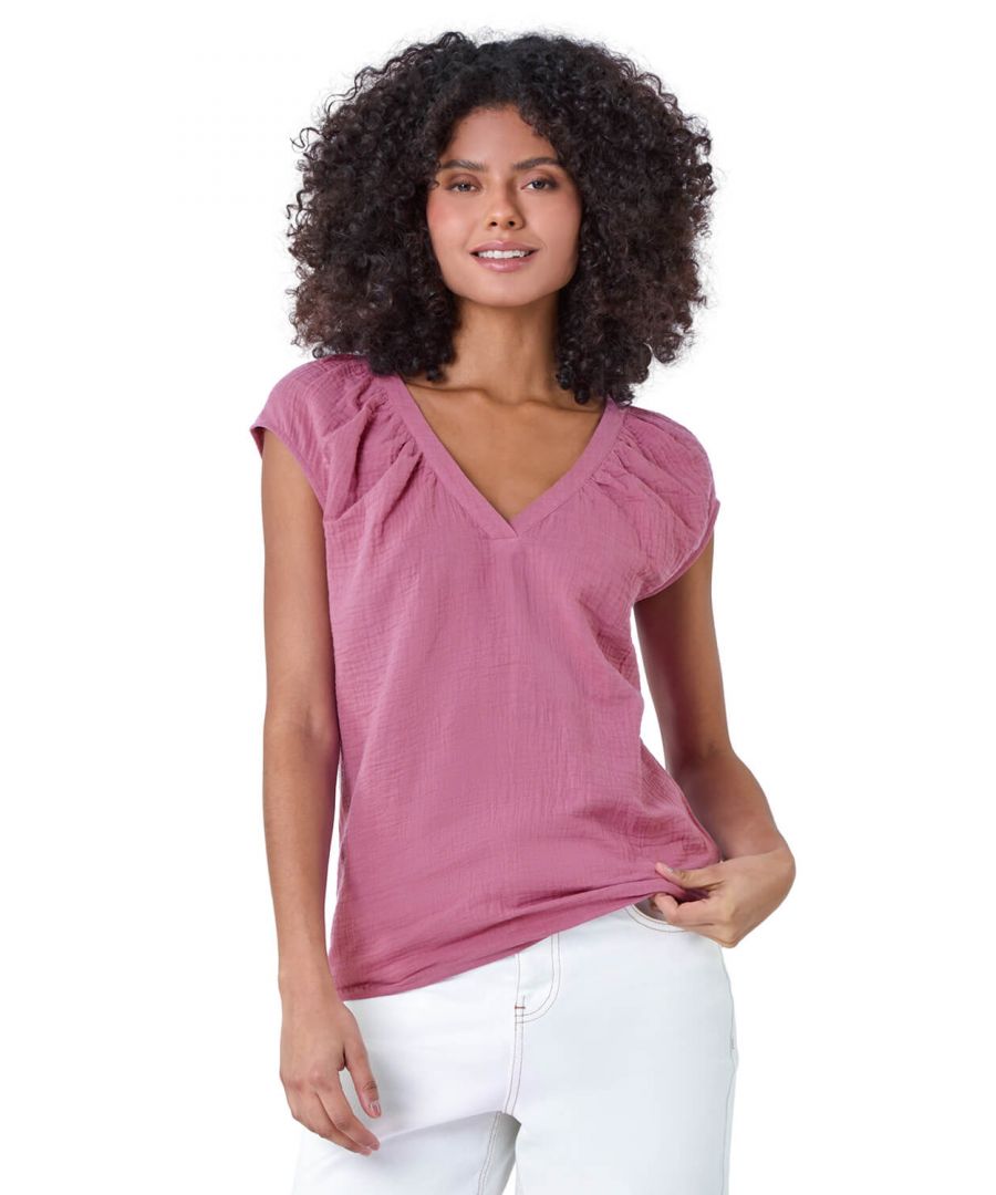 Dusk Womens V-Neck Pleat Detail Cotton Top - Lilac - Size 10 UK