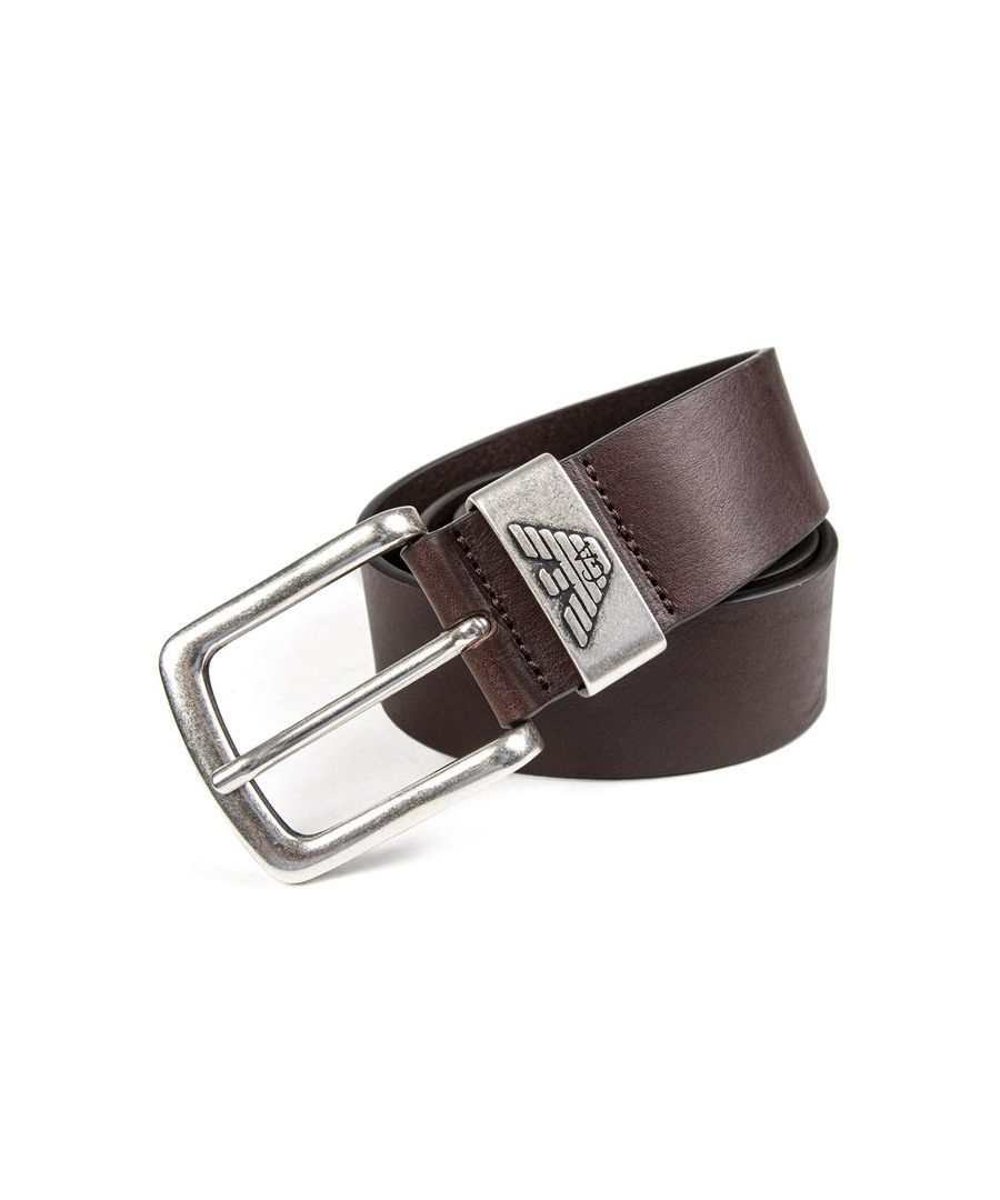 Mens brown Emporio Armani eagle logo belt, manufactured with leather. Featuring: brushed chrome buckle, eagle branding, belt width 4cm, medium = 30