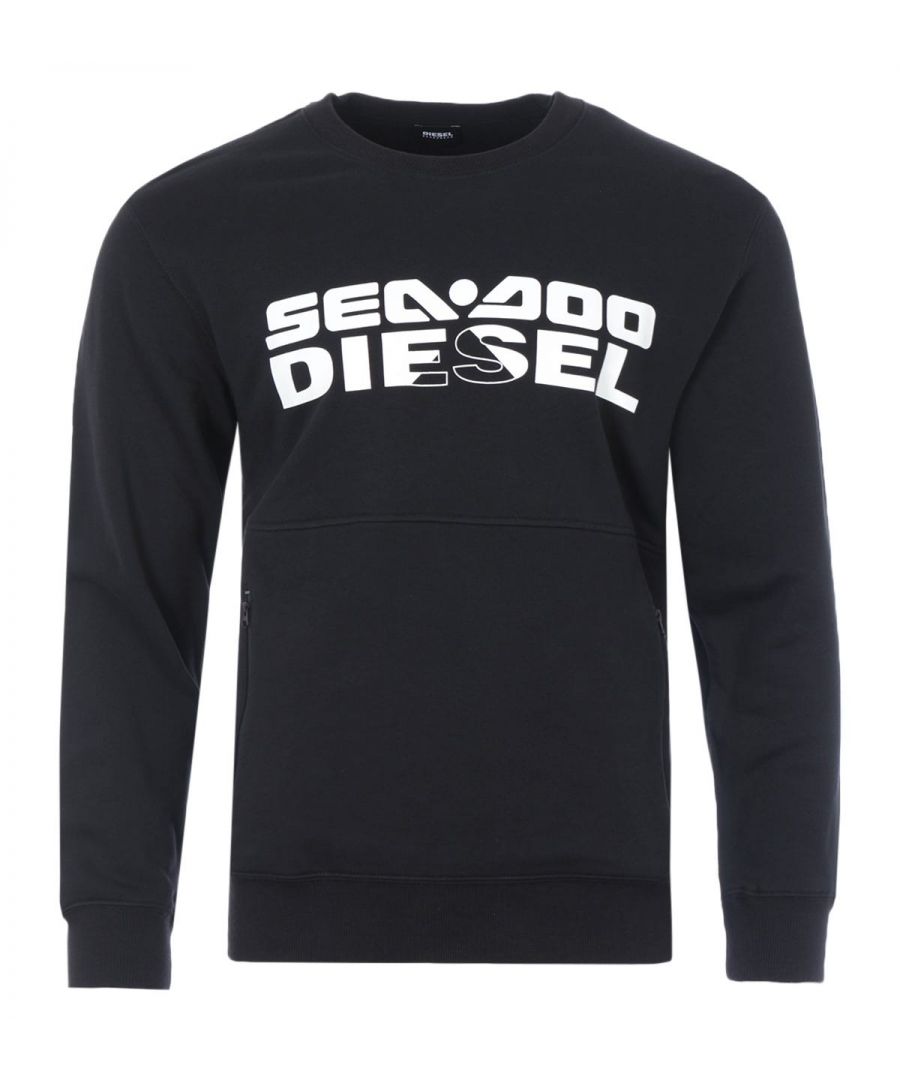 Crafted from pure smooth cotton, this sweatshirt from Diesel is an ideal piece to refresh your wardrobe. Featuring a classic crew neck design with thick ribbed trims. Finished with a Diesel original graphic at the chest and back, and two zip closure pockets on the front. Regular Fit. Pure Cotton Composition. Patch Logo. Classic Crew Neck. Ribbed Trims. Graphic on Front & Back. Two Front Zip Pockets. Diesel Branding. Style & Fit: Regular Fit. Fits True to Size. Composition & Care: 100% Cotton. Machine Wash