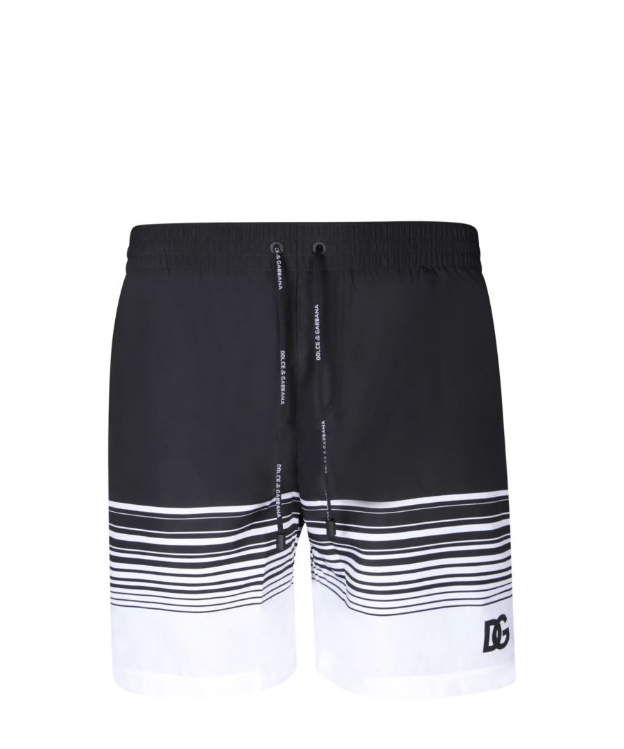 Dolce & Gabbana Mens Stripped Drawstring Swim Shorts in Black/White - Size Small