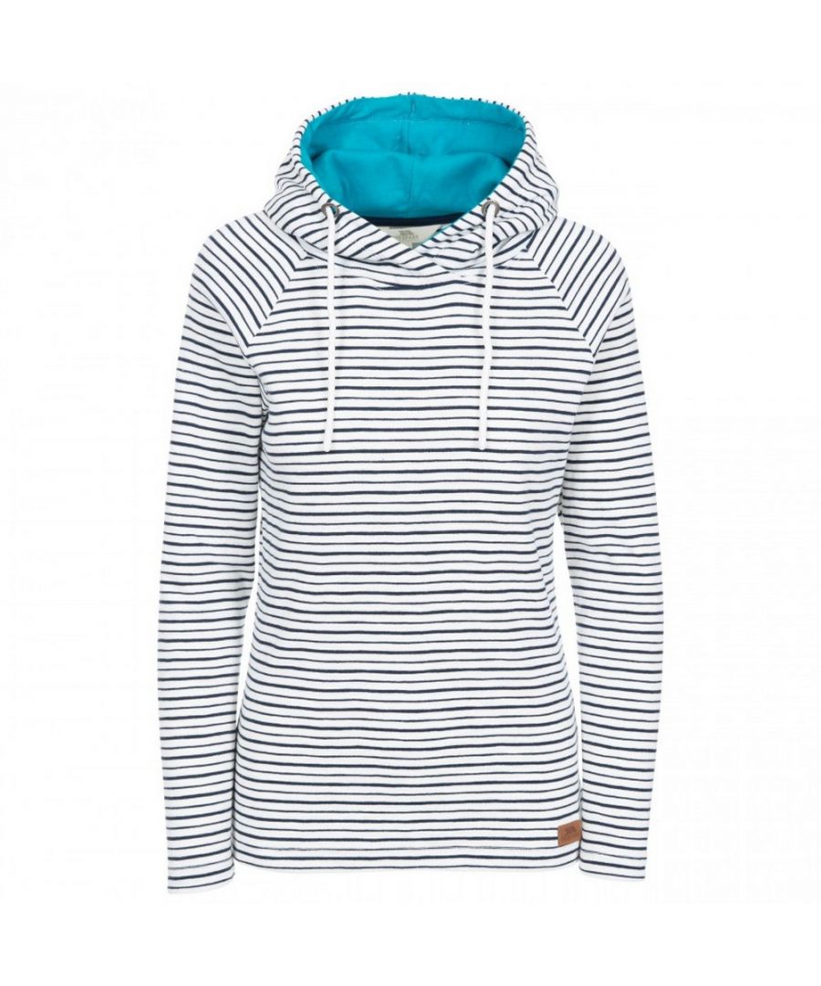 Long sleeve hooded top. Yarn dyed striped. Contrast colour hood lining. Contrast inner neck binding. 100% Cotton.