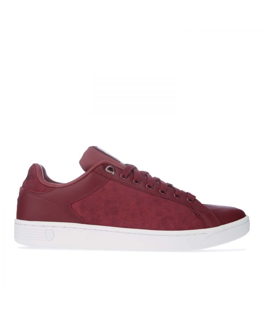 Mens K- Swiss Clean Court CMF Trainers in burgundy.-Leather upper.- Lace closure.- Padded tongue and collar.- K Swiss branding to the tongue and heel.- Textile collar lining.- Memory foam insole.- Rubber outsole.- Leather upper  Textile lining  Synthetic sole.- Ref: 05353620