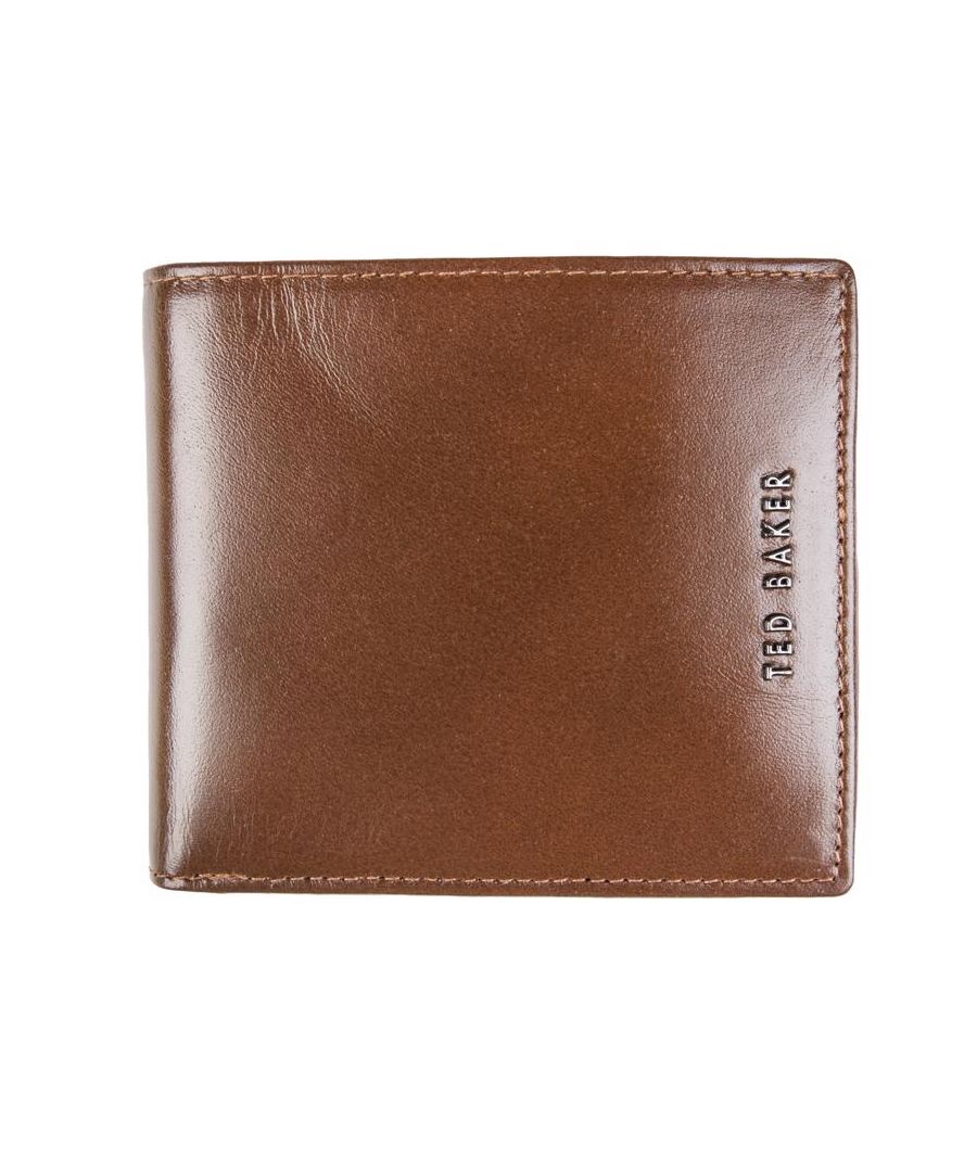 Mens brown Ted Baker sammed wallet, manufactured with leather. Featuring: front branding, 14 card sleaves, twin note sections, presentation box and height 9cm x width 10cm x depth 3cm.