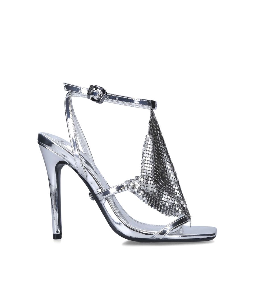 The Armour Sandal features a silver mirror effect upper with chainmail effect fabric detail across the foot. The ankle strap is fastened with metal faceted buckle.Heel height: 110mmSilver Icon C pin stud on the outer soleThis product features 'All Day Long' technologyMaterial: TextileStyle number: 9558363979