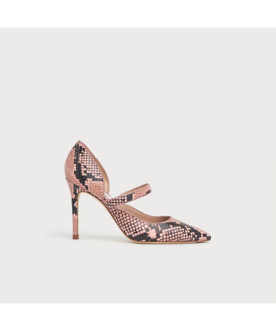 Shapely and stylish, our Florence courts are a brand new style this season and are part of our Reimagine capsule collection. Crafted in Spain from pale pink snake print leather with a picot trim in candy pink suede, they have a pointed toe, a sweetheart cut, a Mary Jane strap over the foot and a 100mm stiletto heel. Perfect for the occasions, wear them with elegant silk dresses or playful tailoring.