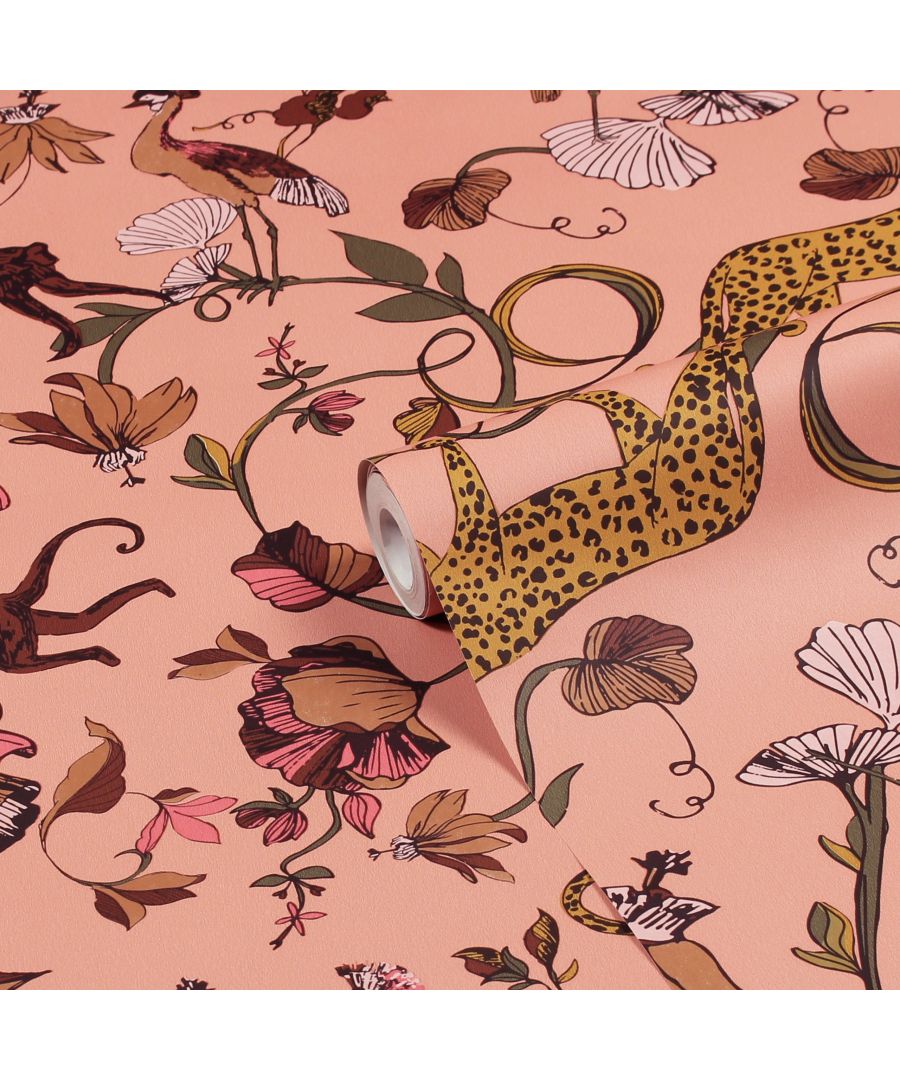 Add some wildlife to your home with the Wildlings wallpaper featuring a lively monkeys’ swinging from vines, exotic birds, and cheetahs in tropical foliage. Taking elements of the tropics and bringing them to life with a bold palette of blush and coordinating natural hues, this beautiful wallpaper will add a focal point to your décor. This wallpaper is a paste the wall application; simply paste the wall, hang your paper, and leave to dry. Each roll is 10m long and 52cm wide. Pattern repeat: 26.5cm Half Drop. Our Wildlings wallpaper can be used to paper the whole room or to create an eye-catching feature wall. This wallpaper is also wipeable so that any light marks can be dabbed away.