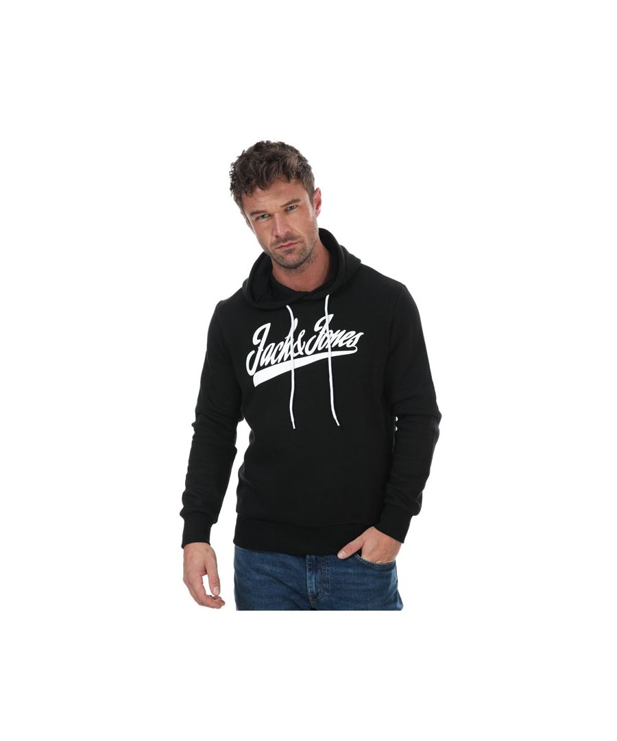 Mens Jack Jones Anything Hoody in black.- Adjustable drawstring hood.- Long sleeves.- Ribbed cuffs and hem. - Large contrast chest branding.- 70% Cotton  30% Polyester.  Machine washable. - Ref: 12171995B