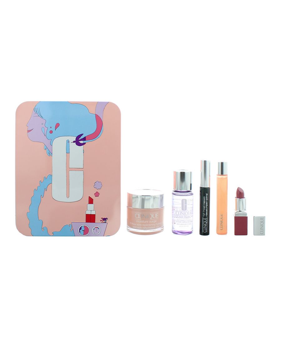 This lovely Clinique Five Piece Gift Set includes Hydrator Gel Cream 75ml,  Make-Up Remover 50ml, Mascara in colour#01 Black 7ml, Eye Serum 15ml and a Lipstick in colour #14 Plump Pop 3.9g.