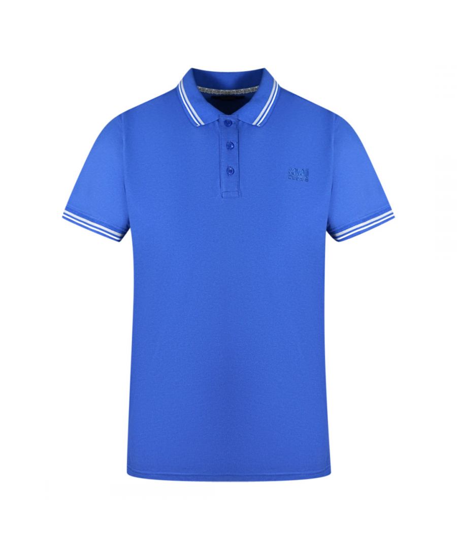 Cavalli Class Twinned Tipped Collar Blue Polo Shirt. Be the envy of the crowd with the Cavalli class Blue Logo blue Polo Shirt. Crafted with twin tipped design on the collar and 75% cotton, 23% polyester, and 2% elastane for a stretch fit, this polo is sure to make a statement. With regular fit that fits true to size, you'll always look and feel your best!. Twin Tipped Design On The Collar, Short Sleeves, Cavalli Class Blue Shirt. Stretch Fit 75% Cotton, 23% Polyester 2% Elastane. Regular Fit, Fits True To Size. QXT64S KB002 03030