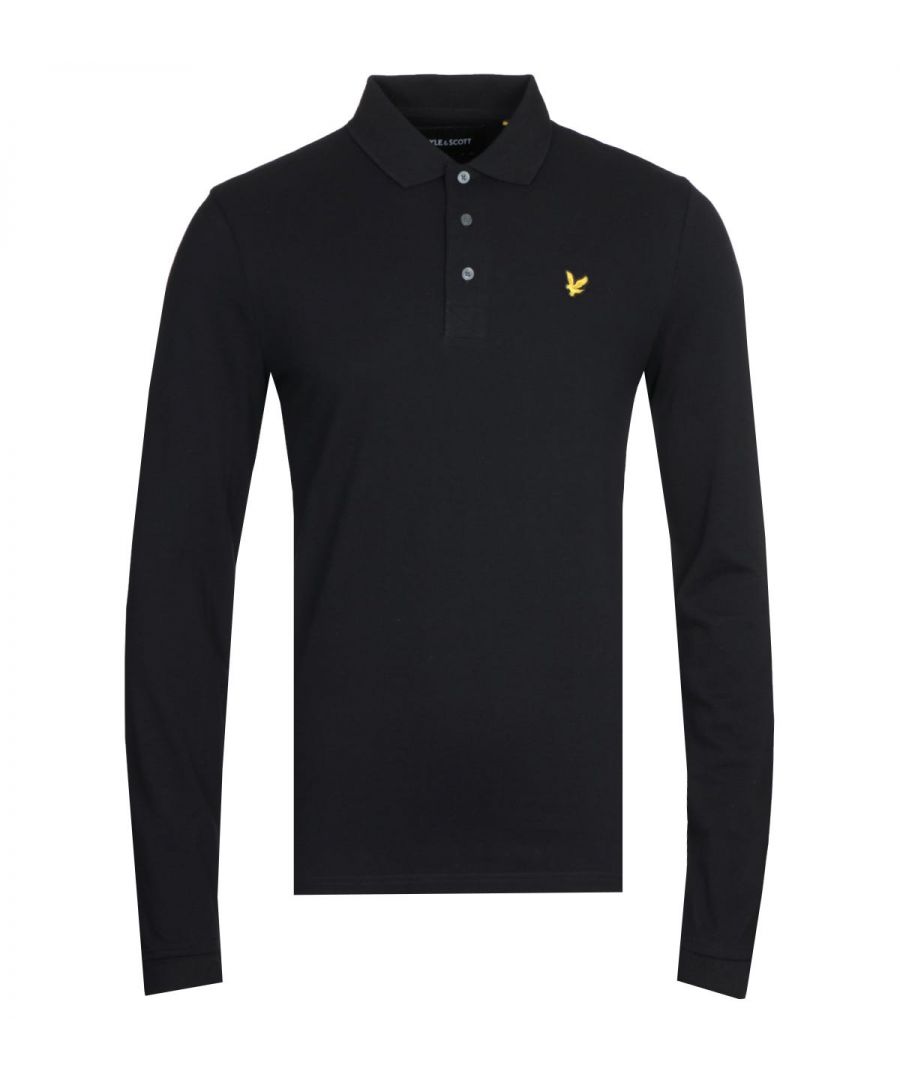 Mens Lyle And Scott Long Sleeve Polo Shirt in black.- Classic polo cut with ribbed collar.- Three button placket.- Long sleeves.- Ribbed cuffs.- Embroidered lion on chest.- Regular fit.- 100% Cotton. Machine washable. - Ref: LP400VBZ865