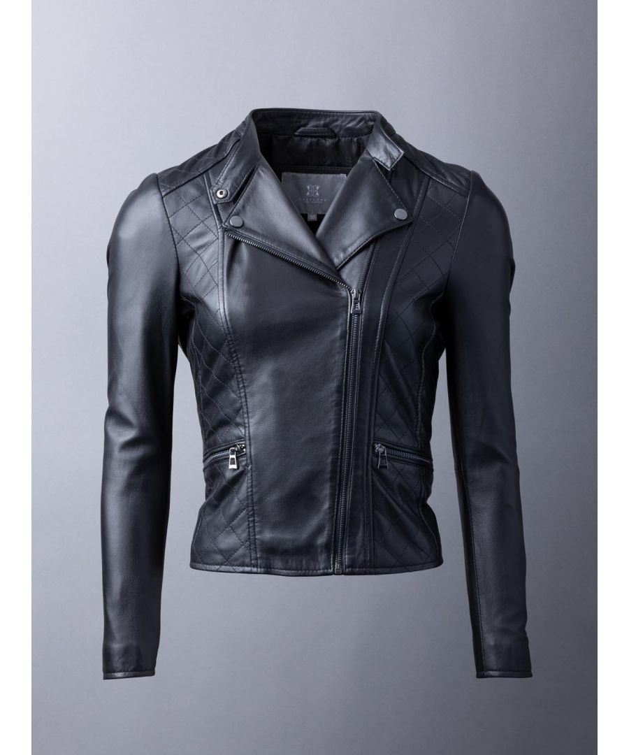 We take a traditional black leather biker jacket and add a quilted twist. The Penny quilted biker jacket offers a whole new dimension to the world of biker-style jackets. Expect classic styling features, including the asymmetric zip and tab collar fastening, but the monotone hardware and luxuriously soft leather take the Penny to another level. Whatever style you want to carry, the Penny will work with you. From t-shirt and jeans to an evening dress, all perfectly complemented by the long tapered panels providing a flattering fit.