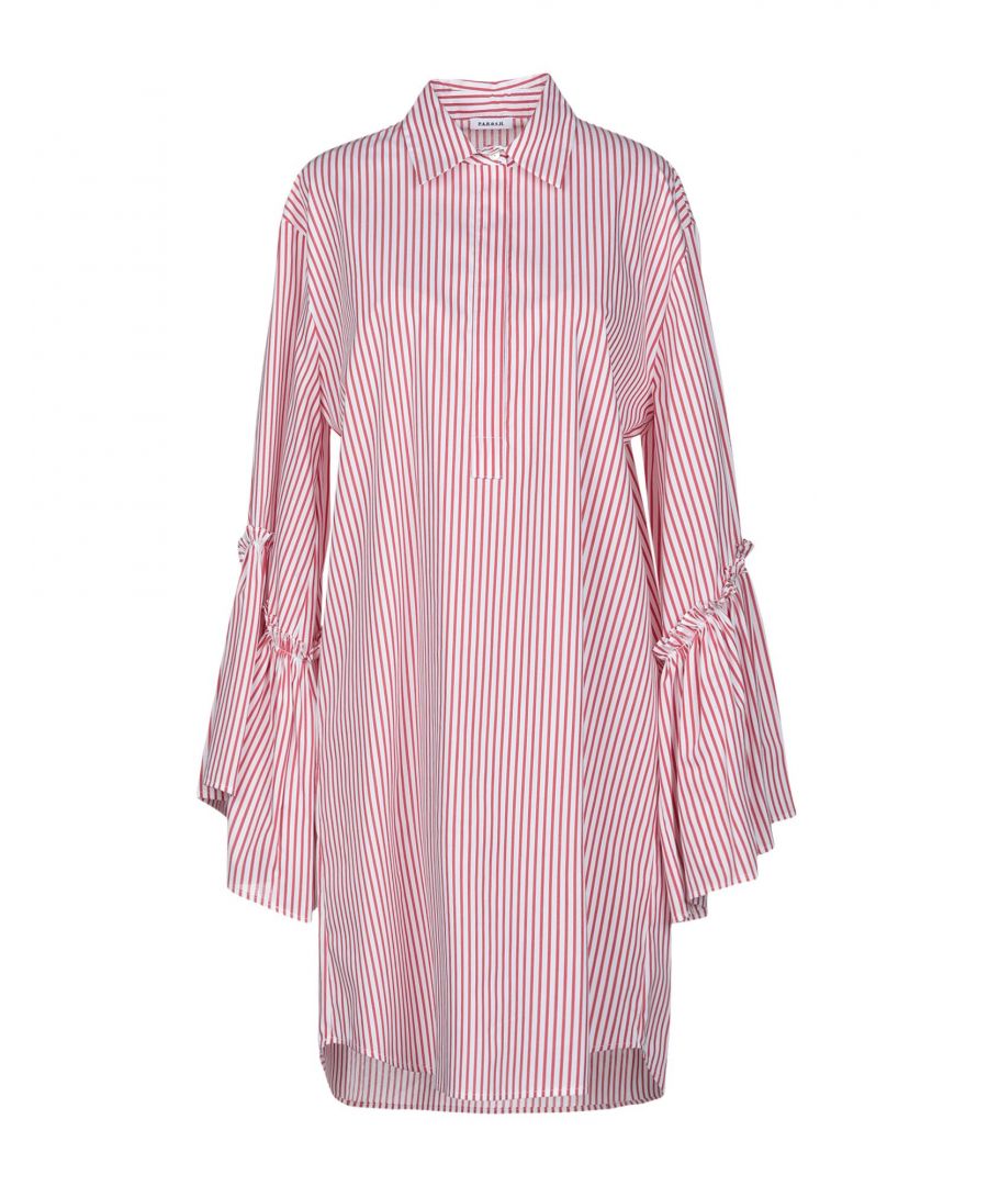 plain weave, frills, stripes, classic neckline, long sleeves, no pockets, front closure, button closing, unlined, stretch, shirt dress