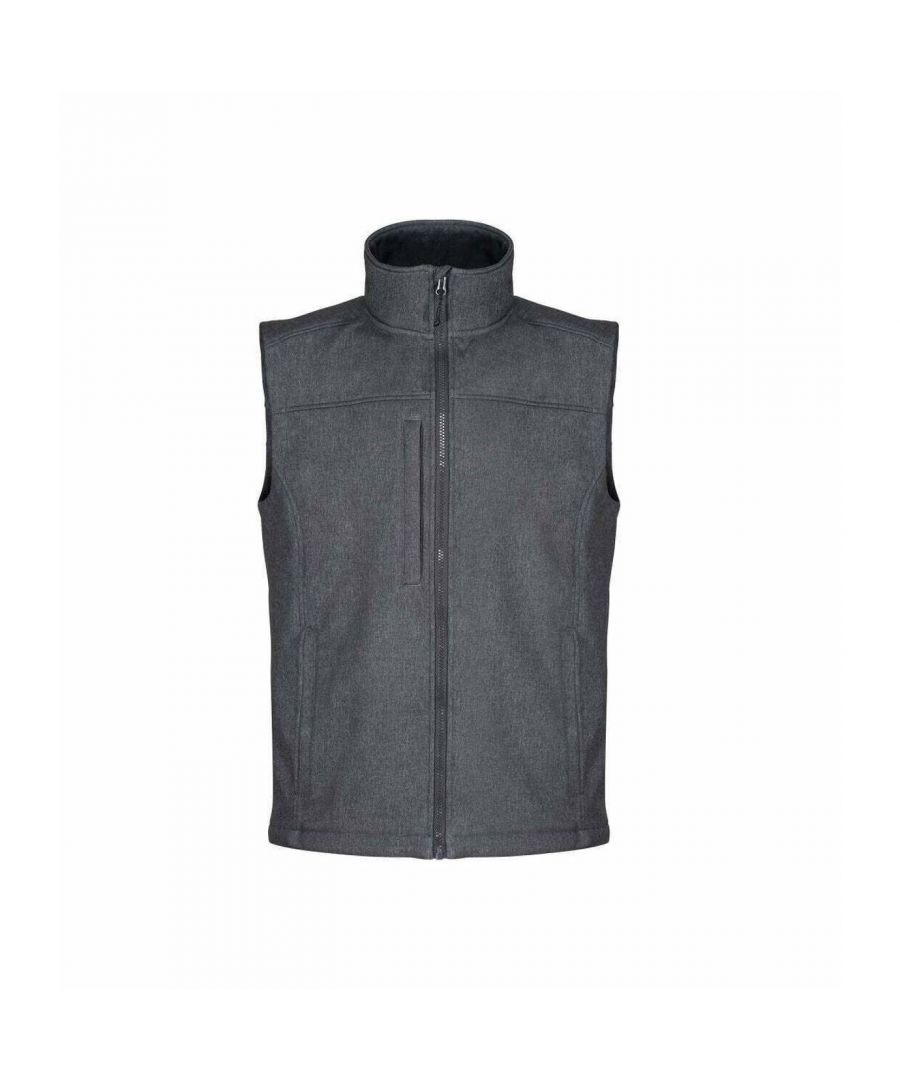 Material: 96% Polyester, 4% Elastane. Fabric: Softshell, Stretch, Woven. Design: Marl. Fabric Technology: Durable, DWR Finish. Quick Dry, Water Repellent, Wind Resistant. Sleeve-Type: Sleeveless. Neckline: Standing Collar. Pockets: 2 Side Pockets, 1 Chest Pocket. Fastening: Full Zip. Hem: Adjustable, Shockcord Hem.