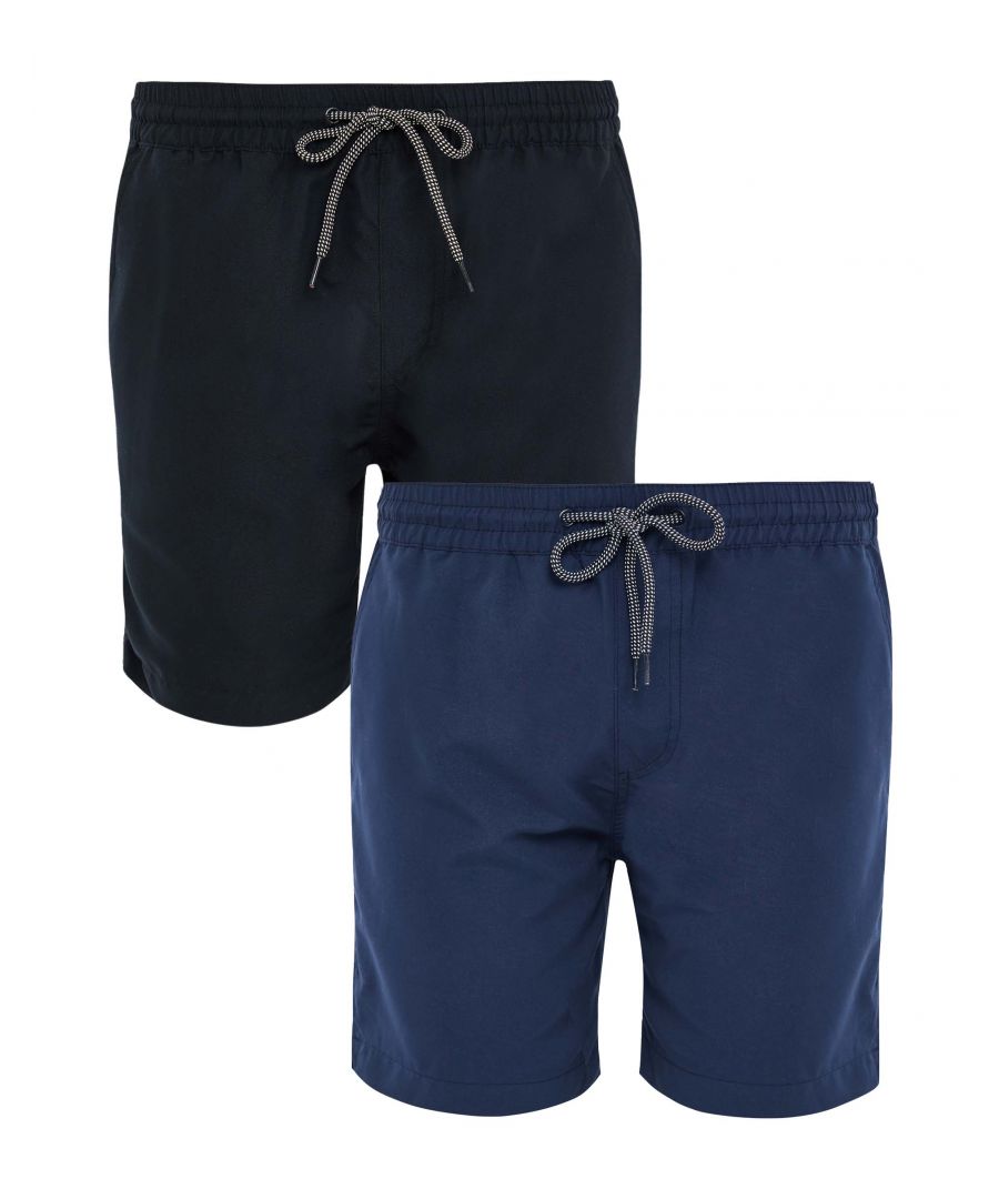 This two pack of swim shorts from Threadbare are made from quick-drying, recycled polyester with mesh liner. They feature elasticated waistbands with adjustable drawstring and 2 side pockets. Perfect for the beach or by the pool.