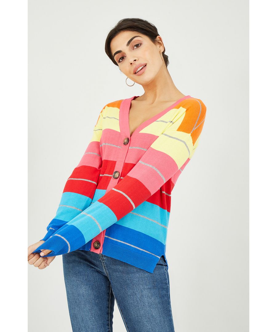 Somewhere, over the rainbow.. you'll find a Yumi knitted cardigan, perfect for cute A/W looks. This stunning rainbow knit features pink edging, tortoiseshell button fastenings and lurex sparkle horizontal stripes. Perfect for adding a splash of colour to grey days.