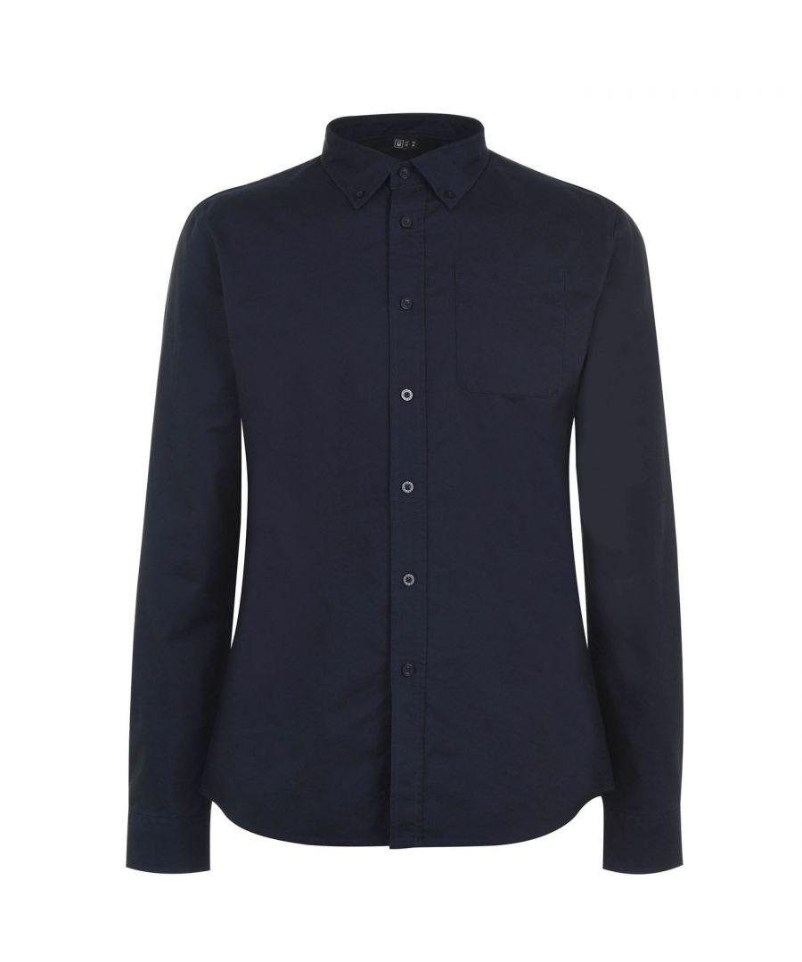Firetrap Mens Basic Oxford Shirt Long Sleeve - Navy Cotton - Size Small