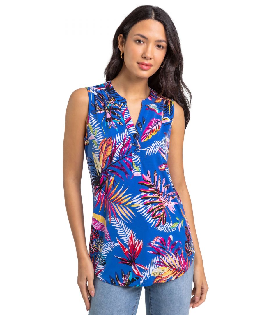 Roman Womens Tropical Print Stretch Jersey Top - Blue - Size 10 UK