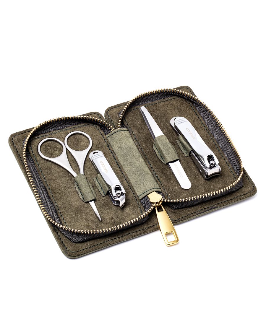 SPECS: 4-piece set, Surgical Stainless steel tools; INCLUDED: Heavy duty zip up travel case, Fingernail clippers, Toenail clippers, Nostril + Eyebrow scissors, Tweezers