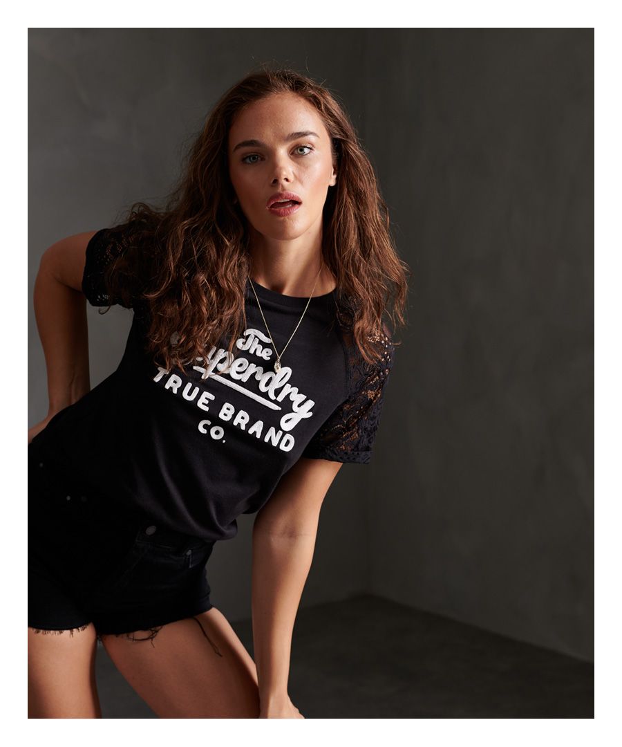 Superdry Womens Summer Lace Raglan T-Shirt - Black Cotton - Size 8 UK