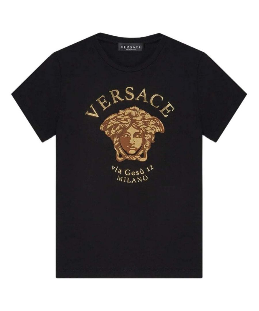 This Versace T-Shirt is a classic design crafted from 100% cotton. The T-Shirt is embellished with a printed Medusa surrounded by the logo and the brands address. The T-Shirt has a crew neck and short sleeves.