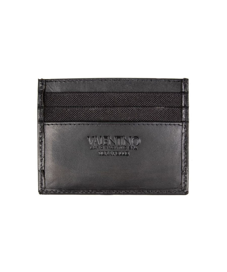 Mens black Valentino Bags card holder wallet, manufactured with leather. Featuring: front branding, six card sections, central note compartment, height 8cm x width 10cm and presentation box.