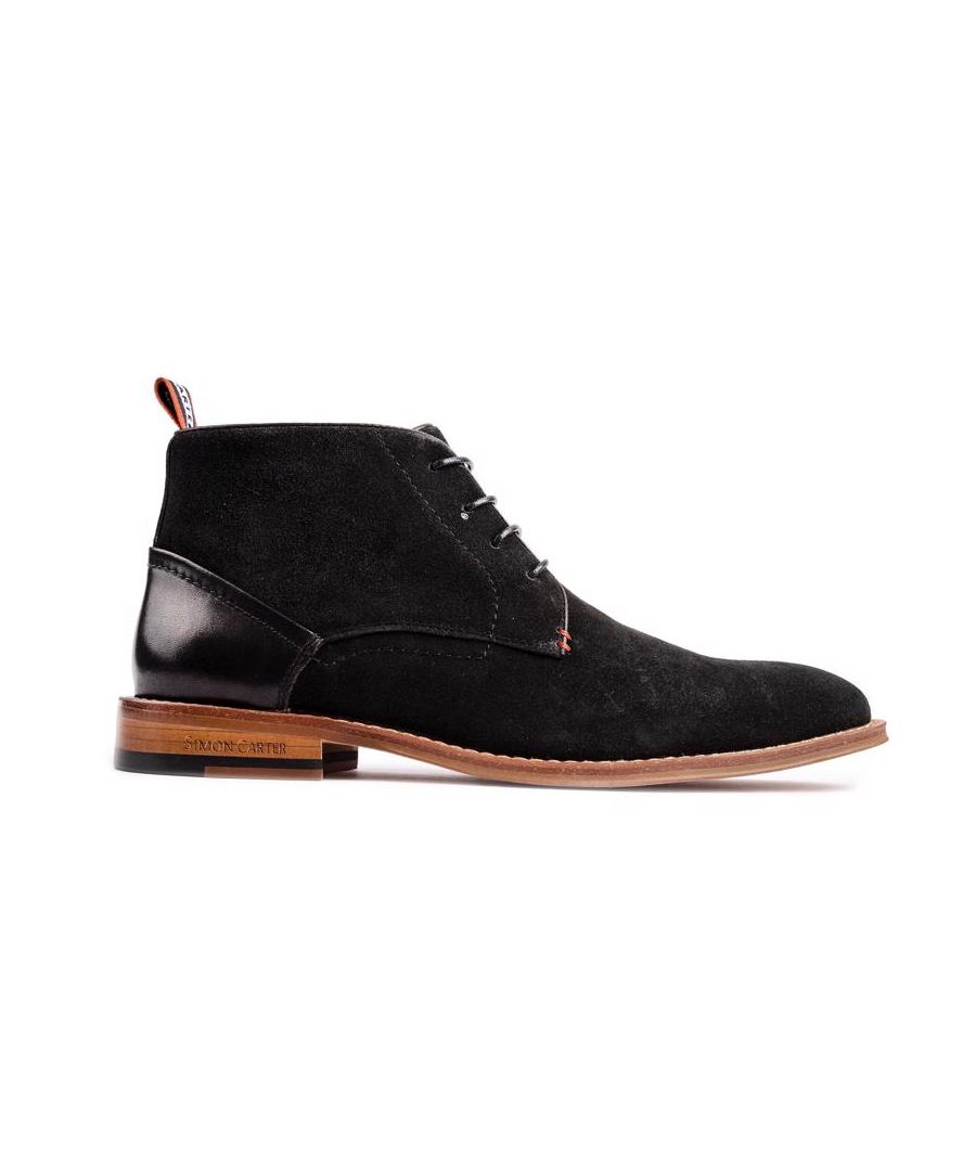 Men's Black Simon Carter Byrd 2 Lace-up Chukka Boots With Smooth Suede Leather Upper, Designer Branded Textile Heel Tab, Fine Leather Heel Detail And Exclusive Printed Lining And Sock. These Smart, Exclusive Simon Carter Men's Shoes Are Your Stylish Staple For Many Occasions.