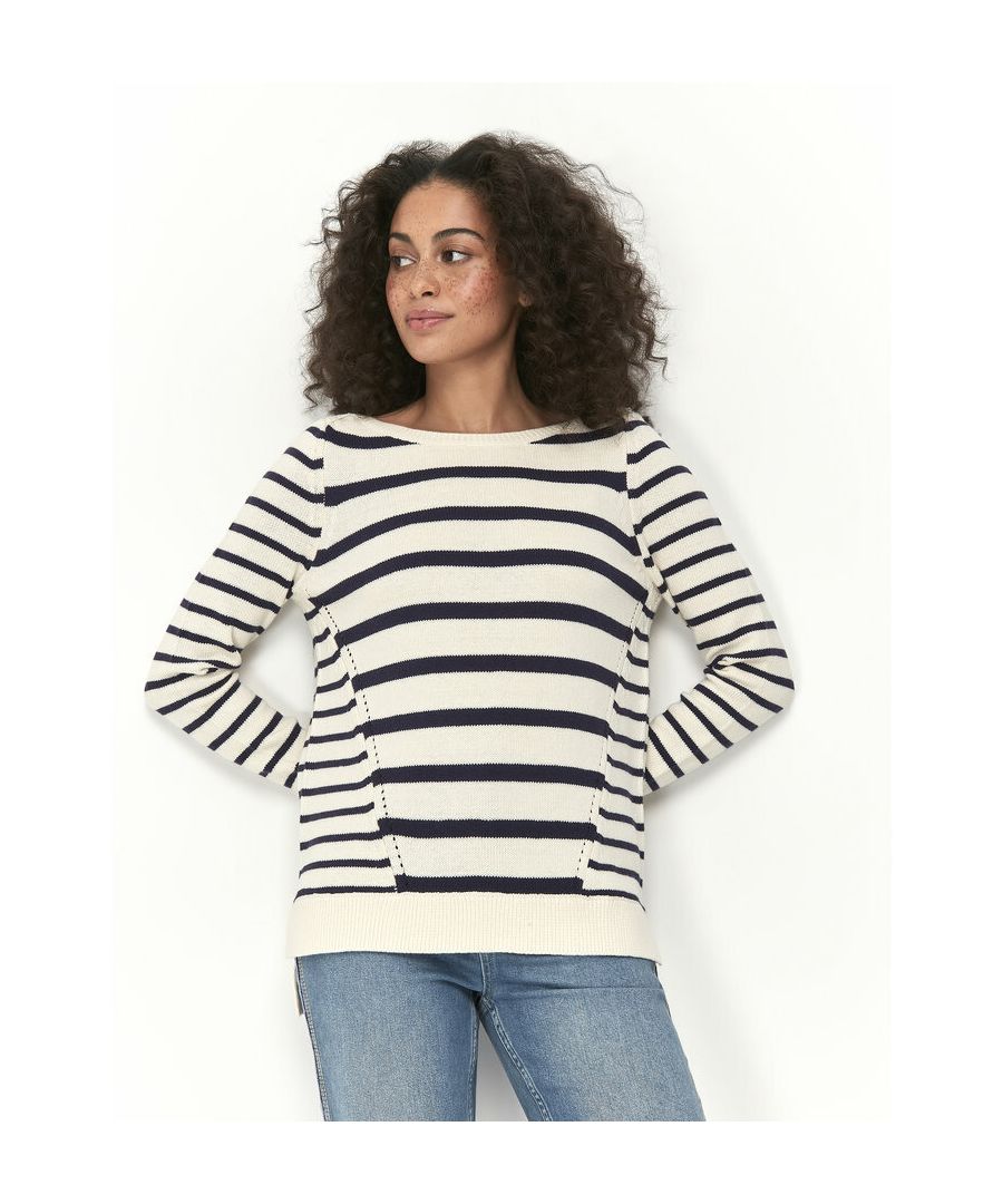 This jumper from Khost Clothing features a round neckline, long sleeves and a Breton stripe design. Pair with jeans and trainers for a fresh spring look.