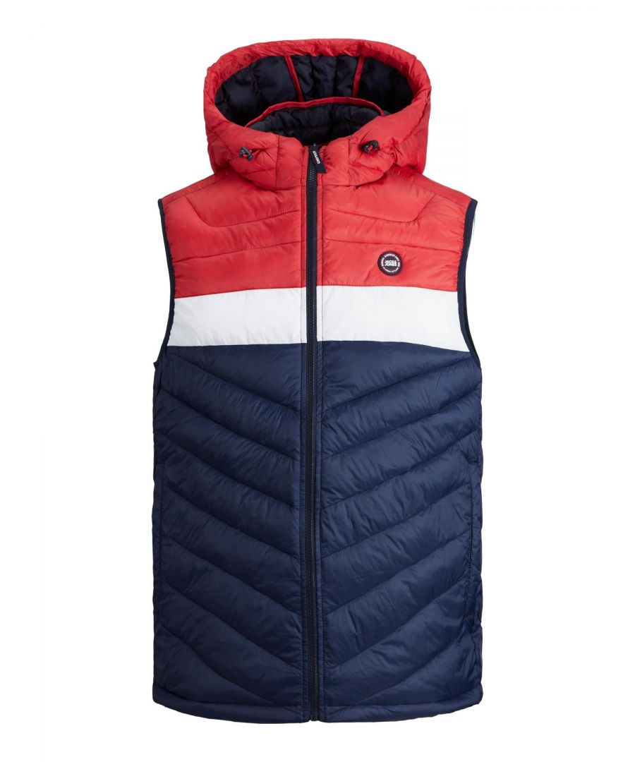 Jack & Jones Mens Lightweight Hooded Puffer Gilet - Navy/Red - Size Small
