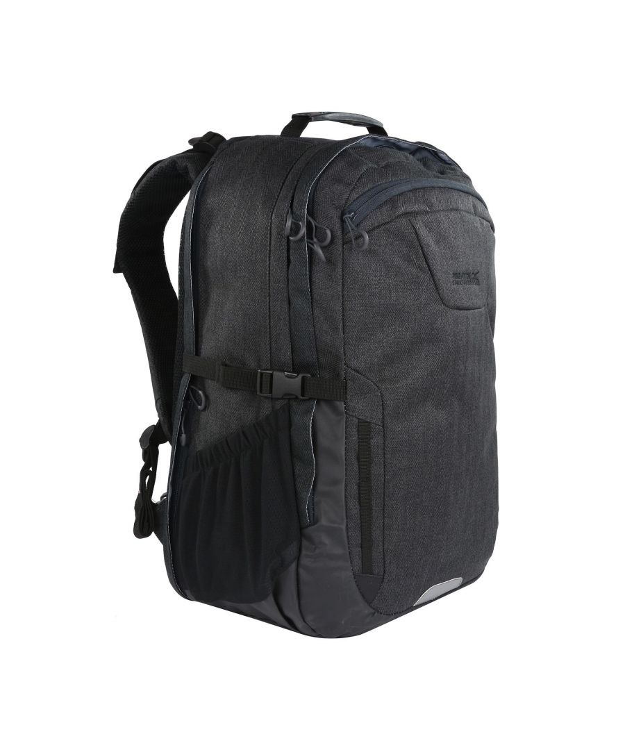 100% polyester fabric. Padded shoulder straps. To fit up to a 15in laptop. Lockable zips for security. Side carry handle for easy laptop access at airport security. Side compression straps provide added laptop/tablet security. 2 zipped compartments plus front pocket. Internal organiser pockets and key clip. Reflective detail for enhanced visibility. Air mesh back construction to allow ventilated airflow. Load adjustment straps. Detachable hip belt. Adjustable sliding chest harness. Mesh side pockets. Reinforced carry handle.