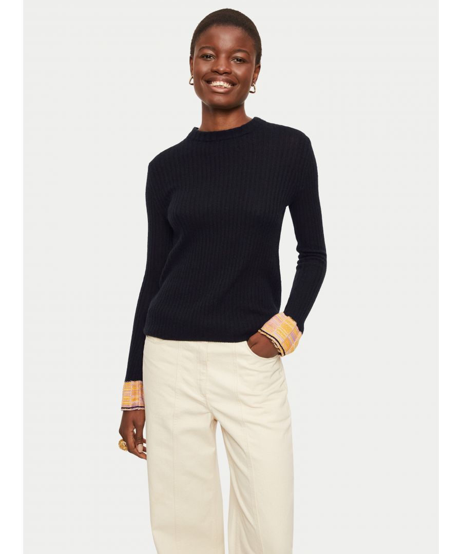 Crew neck jumper made from a luxurious merino blend with cashmere, which is beautifully soft on the skin. Semi-fitted shape knitted in a subtle rib. Featuring playful contrast cuffs knitted in a moulinee yarn.