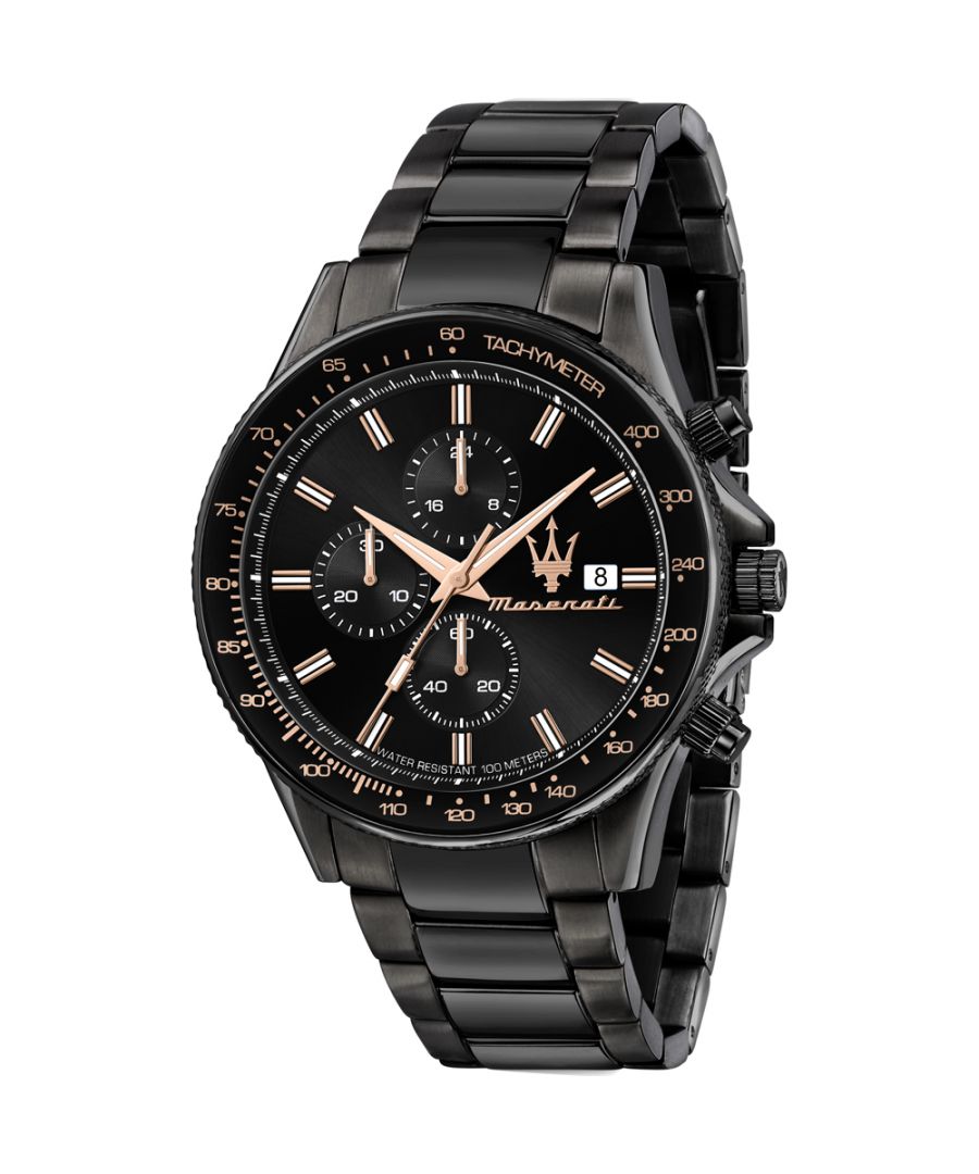 Stijlvol zwart heren horloge van het merk Maserati. Het horloge heeft een polsbandje dat ook kleiner gemaakt kan worden, de kast heeft een diameter van 44 mm en het uurwerk is van Quartz.  Merk: MaseratiModelnaam: R8873640011 (44mm)Categorie: heren horlogeMaterialen: edelstaalKleur: zwart, rosegoud