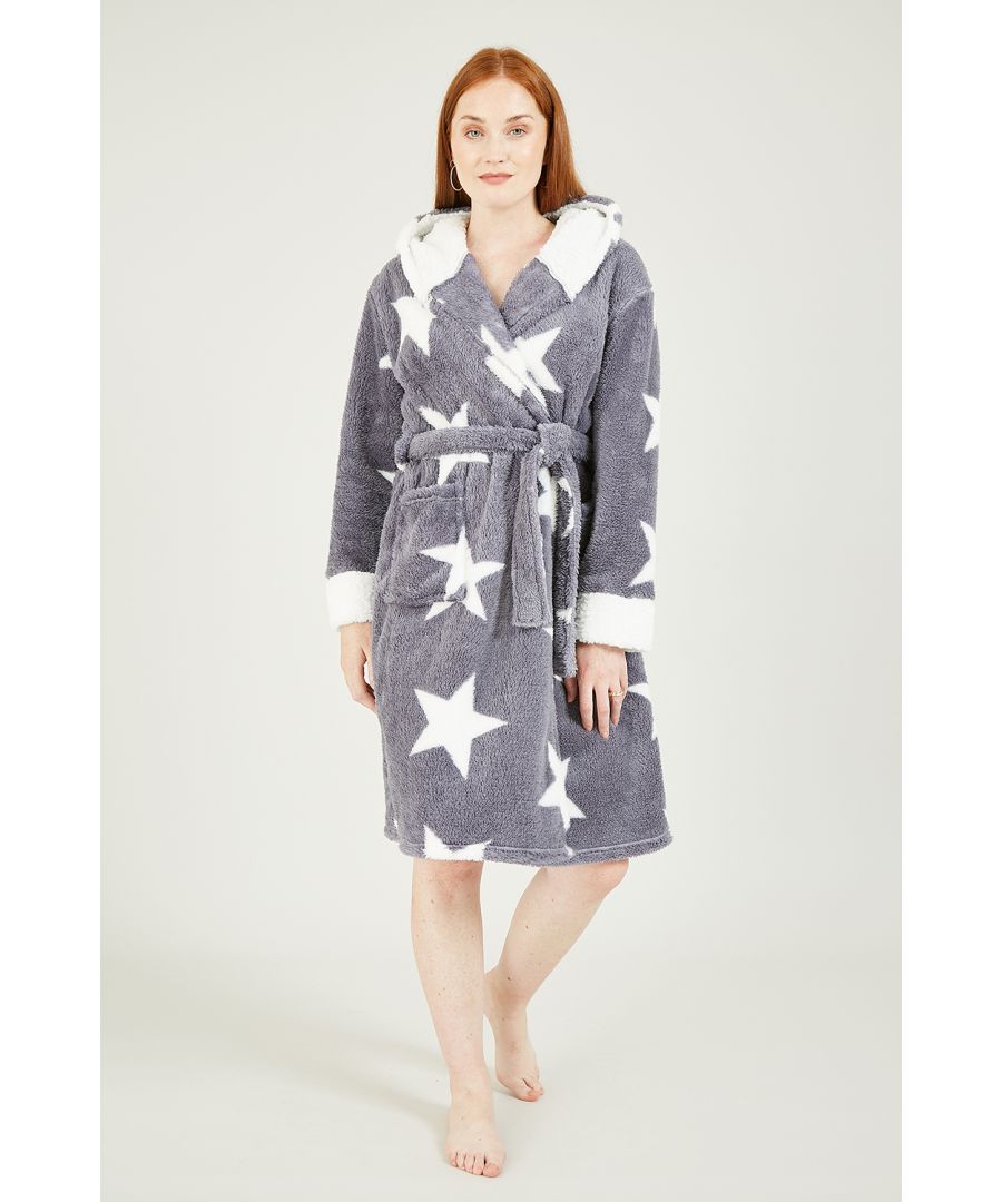 Image for Yumi Grey Star Snuggly Super Soft Dressing Gown