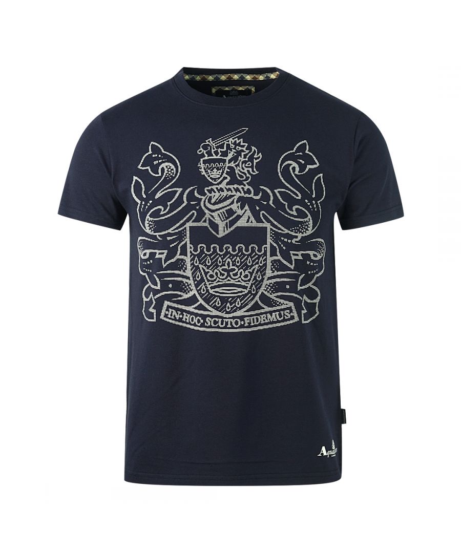 Aquascutum Large Pixeled Aldis Logo Navy T-Shirt. Aquascutum Navy T-Shirt. Crew Neck, Short Sleeves. Stretch Fit 95% Cotton 5% Elastane. Regular Fit, Fits True To Size. Style Code: TAI004 85