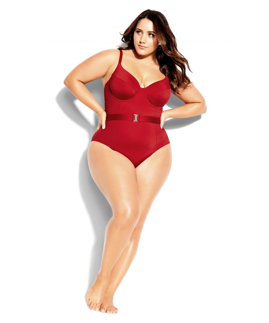 Slip into the sexy Lily Underwire 1 Piece to make a statement at your next pool party. Flaunting underwire and adjustable straps for support, as well as power mesh lining and a waist belt to flatter your fabulous curves, you'll be turning heads the next time you slip into the water! Key Features Include: - Plunging neckline - Underwire for support - Adjustable shoulder straps - Belted waistline - Cut out back with snap closure - Front power mesh lining - Moderate coverage bottom Wear this gorgeous 1 piece with a matching red sari for a truly knockout look.