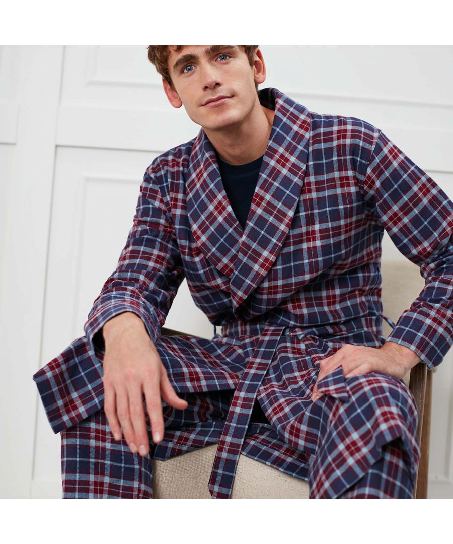 From leisurely mornings to cosy nights in, this exquisite dressing gown has you covered. It's crafted from the softest brushed cotton, which is woven to our exact specifications and the fibres brushed repeatedly for an utterly luxurious feel against the skin. Made to our elegant design, the robe also features two pockets at the front, inside ties, a shawl collar and a belt tie. A must-own for the discerning gent.  Length: 49