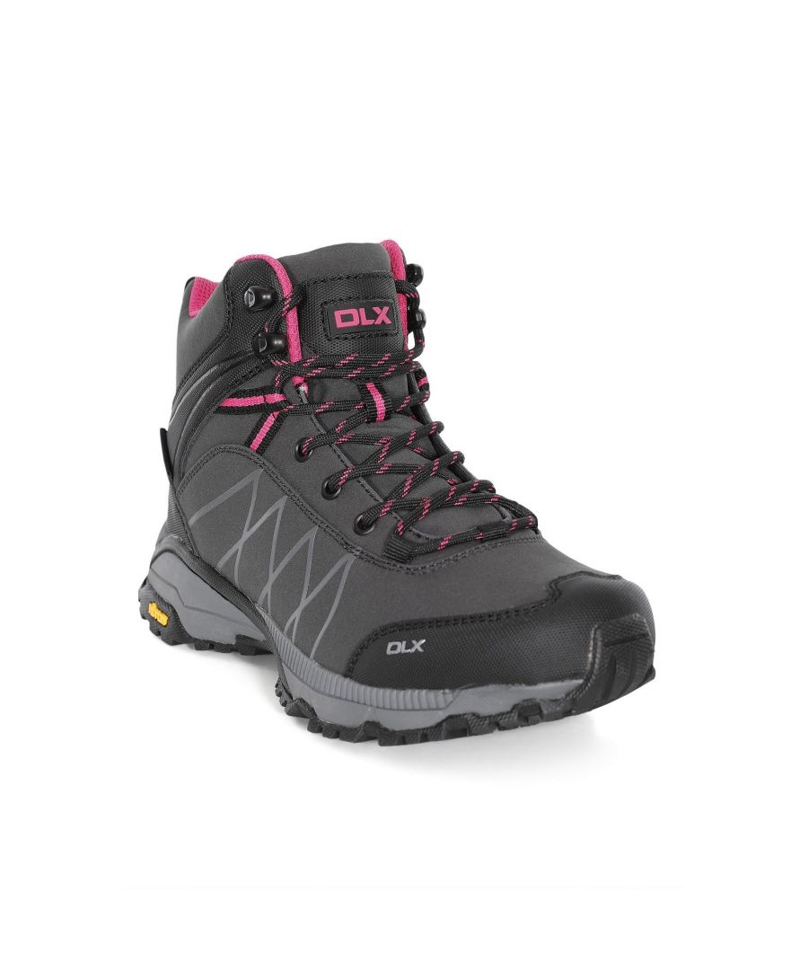 Upper: Textile/PU, Lining: Textile, Outsole: Vibram-moulded EVA/Rubber. DLX lightweight mid cut. Softshell upper. Waterproof and breathable membrane. Gussetted tongue. Protective and durable toe guard. Ankle supportive cushioned collar and tongue. Arch stabilising and supportive steel shank. Cushioned footbed.