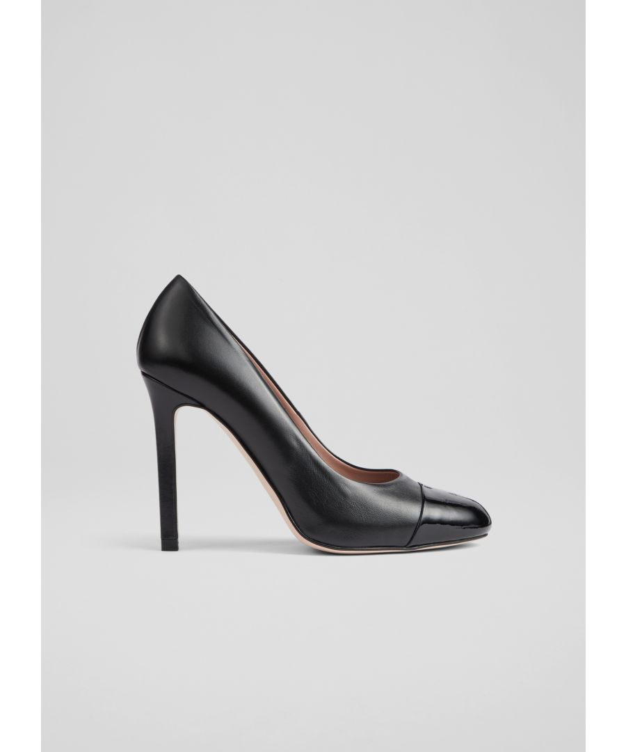 The Mylah courts are crafted in Spain from nappa leather in black. They have a round toe with a contrasting patent toe cap, a concealed platform and a 105mm stiletto heel.