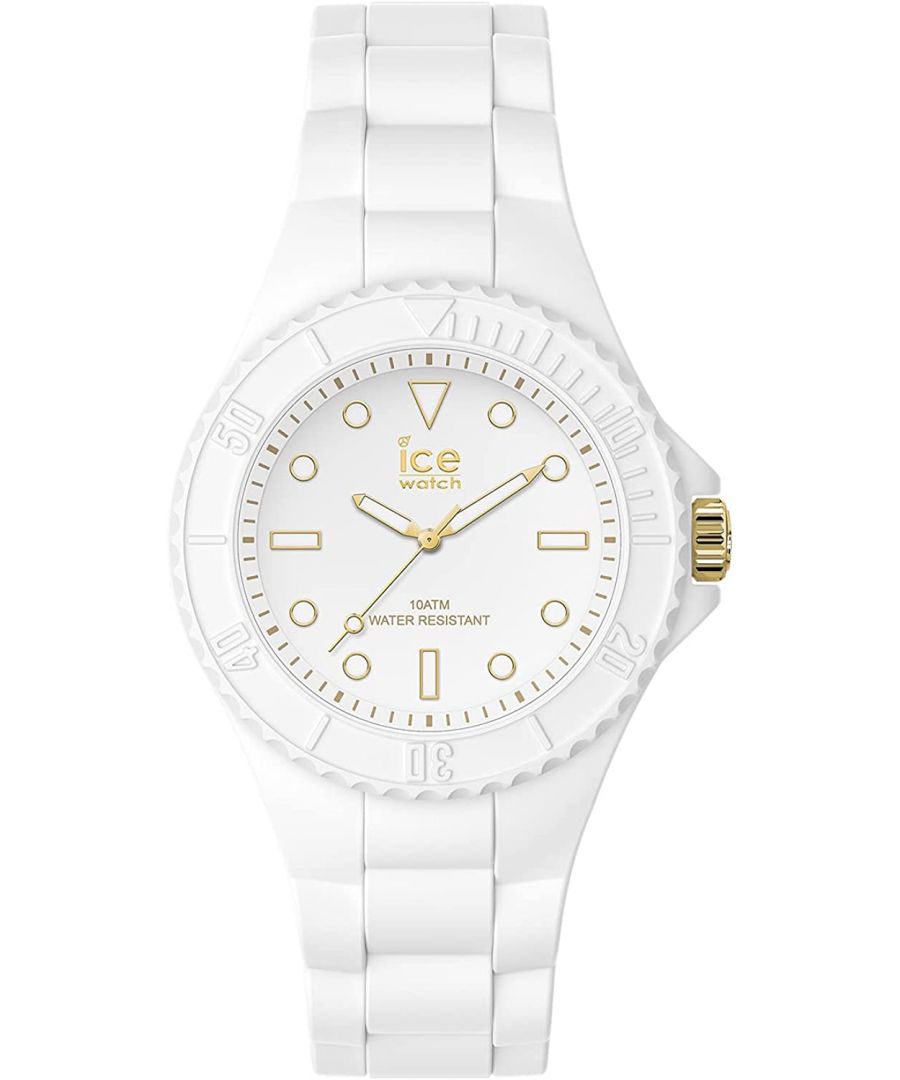 This Ice Watch Ice Generation - White Gold Analogue Watch for Women is the perfect timepiece to wear or to gift. It's White 34 mm Round case combined with the comfortable White Silicone will ensure you enjoy this stunning timepiece without any compromise. Operated by a high quality Quartz movement and water resistant to 10 bars, your watch will keep ticking. Thanks to its ultra-soft silicone strap and its bright white dial, it will bring a fashionable and modern touch to all your outfits! The choice is yours! The watch has a function: Luminous Hands, Luminous Numbers. High quality 19 cm length and 17 mm width White Silicone strap with a Buckle. Case diameter: 34 mm, case thickness: 10 mm, case colour: White and dial colour: White.