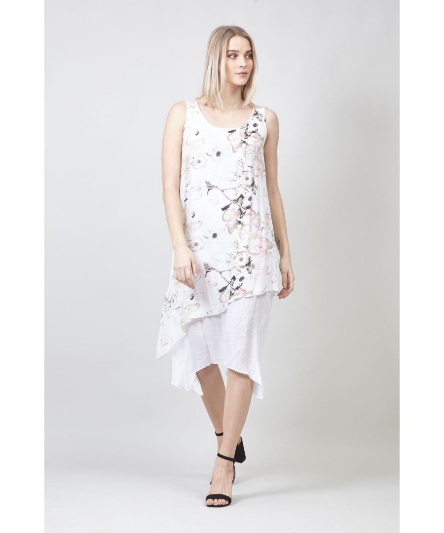 Get holiday ready with this gorgeous butterfly printed dress. In a midi length with a layered hem, is sleeveless and has a round neck. Wear with sandals and a light jacket.