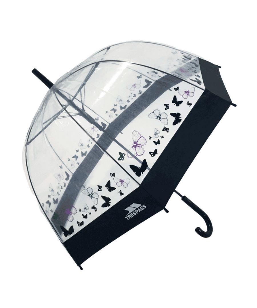 Clear umbrella with print. Button release to open. Crook shape handle. Fibreglass ribs. 8 guage POE material. Metal shaft. Plastic handle.