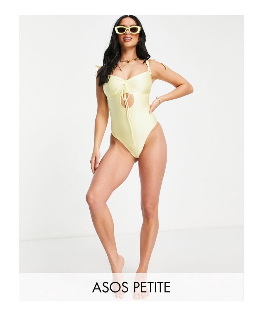 Petite s wimsuit by ASOS DESIGN Meet you by the pool V-neck Tie straps Cut-out detail Brief cut  Sold By: Asos