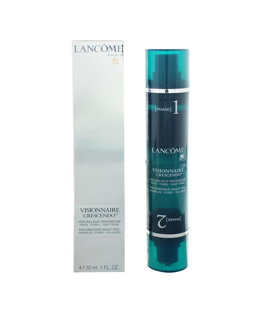 Lancôme Visionnaire Crescendo 2 Phase Progressive Night Peel combines two formulas to be used over 28 nights as part of a skin training regime to leave your skin feeling smoother and more even. It gently exfoliates the skins surface cells to address skin concerns. It targets the appearance of pores, dark spots, skin texture, fine lines and wrinkles.