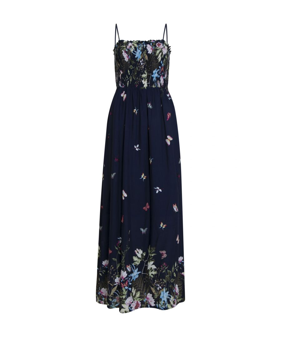 Add a playful touch to your warm weather wardrobe with this Mela Navy Butterfly Maxi Dress. Featuring a curve hugging elasticated top, a fitted waist, barely there spaghetti staps and a flowing maxi skirt complete with a butterfly floral fusion print. Team with block coloured sandals and a wide brimmed hat to complete the look.  Shell:100% Viscose, Lining:100% Cotton Machine Wash At 30 Length is 126cm-49.6inches