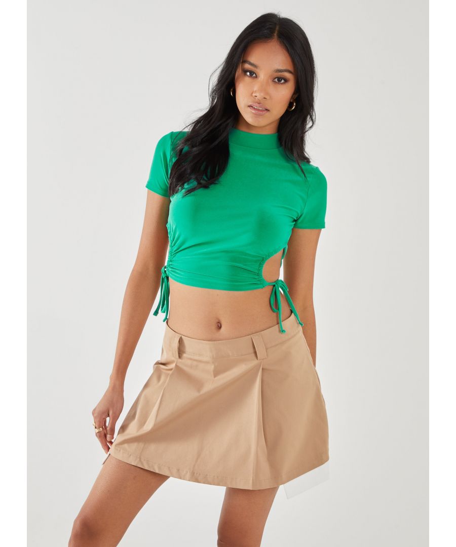 Pink Vanilla Womens Cut Out Tide Side High Neck Crop Top - Green - Size Medium