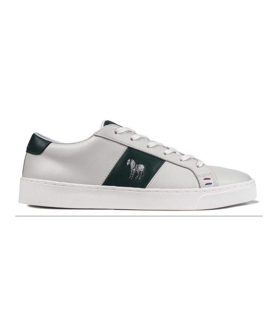 Men's Off-white Paul Smith Zach Lace-up Trainers With Smooth Leather Upper Featuring Iconic Zebra Logo On Dark Green Side Panels And Matching Embossed Branding To The Tongue And Heel Pad. These Premium Low-profile Sneakers Have Invisible Eyelets, A Cushioned Footbed, Padded Ankle And A Rubber Sole With Branded Tread.