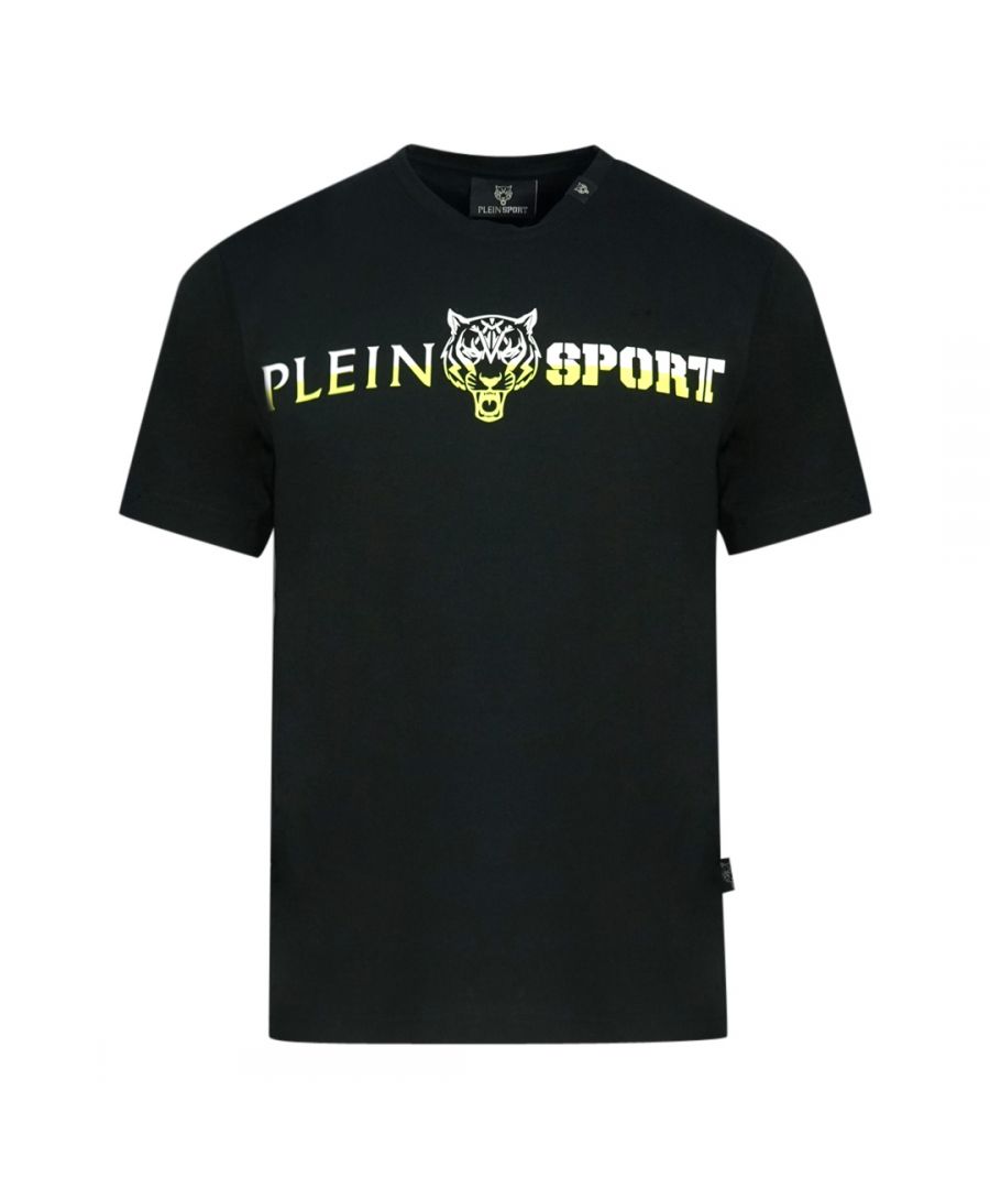 Plein Sport Geel Bold Split Logo Zwart T-shirt. Philipp Plein sport zwart T-shirt. Normale pasvorm, valt normaal qua maat. Plein Sport-merklogo. 100% katoen. Stijlcode: TIPS1110 99